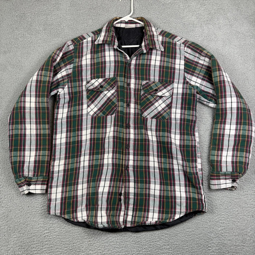 Field &‎ Stream Mens M Plaid Quilted Lined Flannel Shirt Jacket Green Burgundy